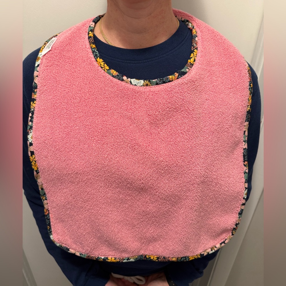 Adult Pink Terry Cloth Bib with Floral Trim (cheaper than a new shirt!) New